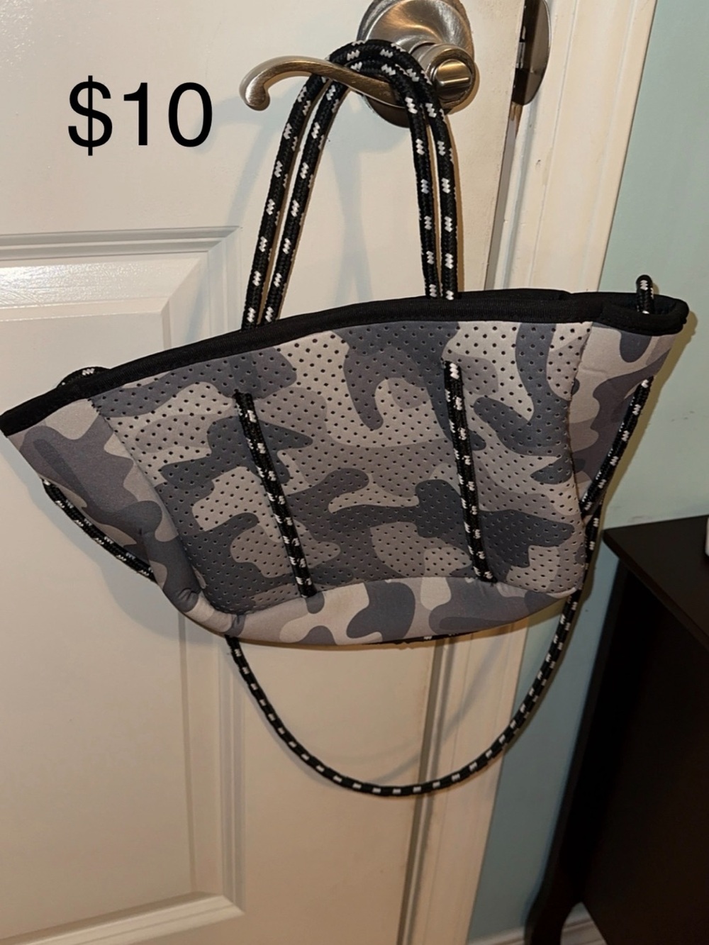 Gray Camo Neoprene Tote Bag with Rope Handles